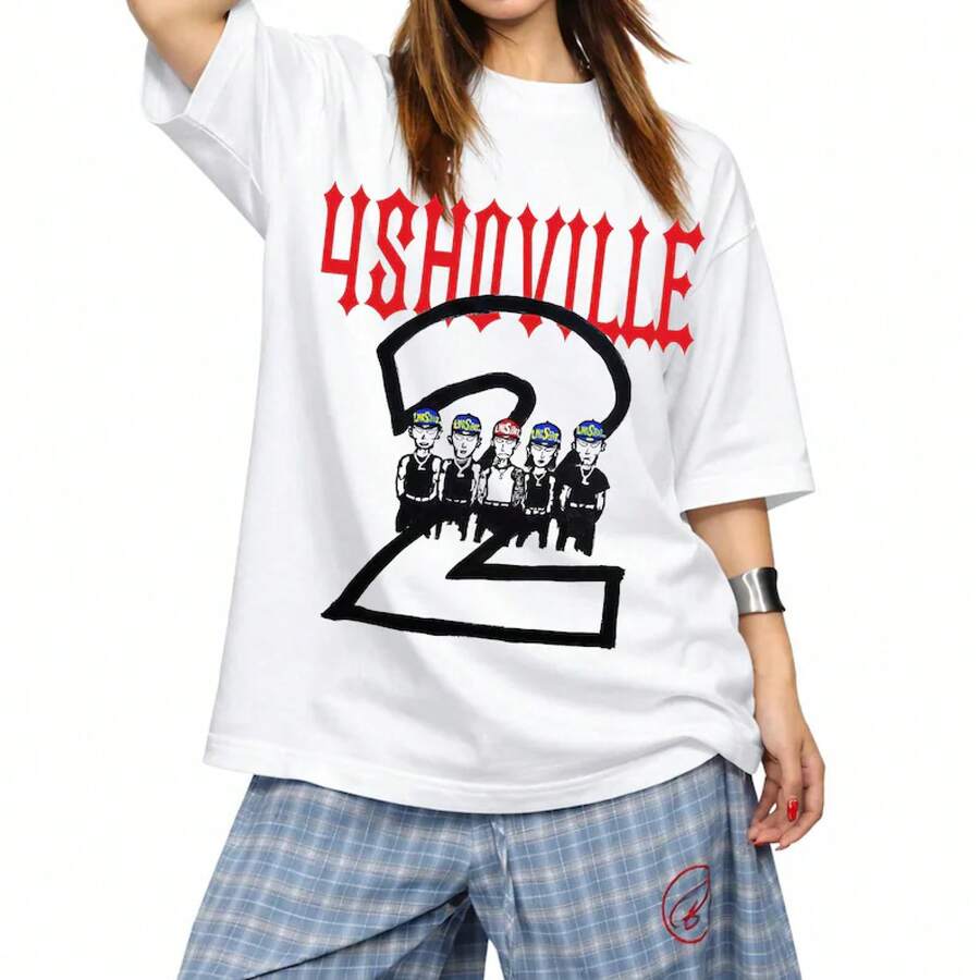 White 4SHOVILLE T-Shirt With Red Gothic Lettering And Cartoon Characters, Loose-Fitting Streetwear, Unisex - 白色 - 查看 1