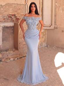 Faeriesty Elegant Women's Off-Shoulder Long Chiffon Dress, Decorated With Floral Sequins Party Wedding - Baby Blue - View 1