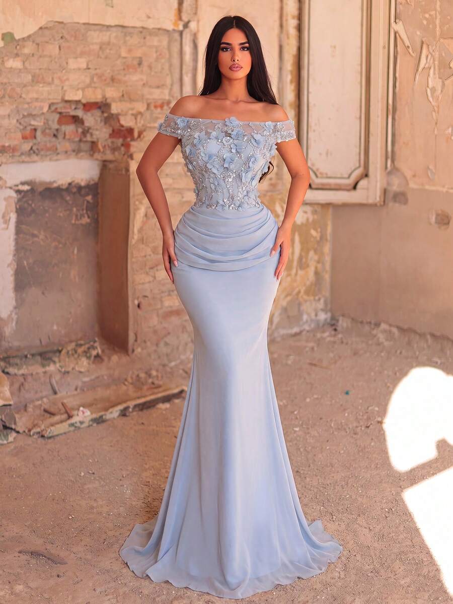 Faeriesty Elegant Women's Off-Shoulder Long Chiffon Dress, Decorated With Floral Sequins Party Wedding - Baby Blue - View 1