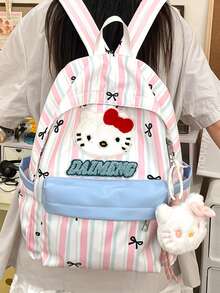 Sanrio Hello Kitty Towel Embroidery Backpack, Pink & White Striped Bow Print, Student School Bag, Large Capacity Lightweight Nylon Backpack For Daily Commute And Travel - Multicolor - View 1