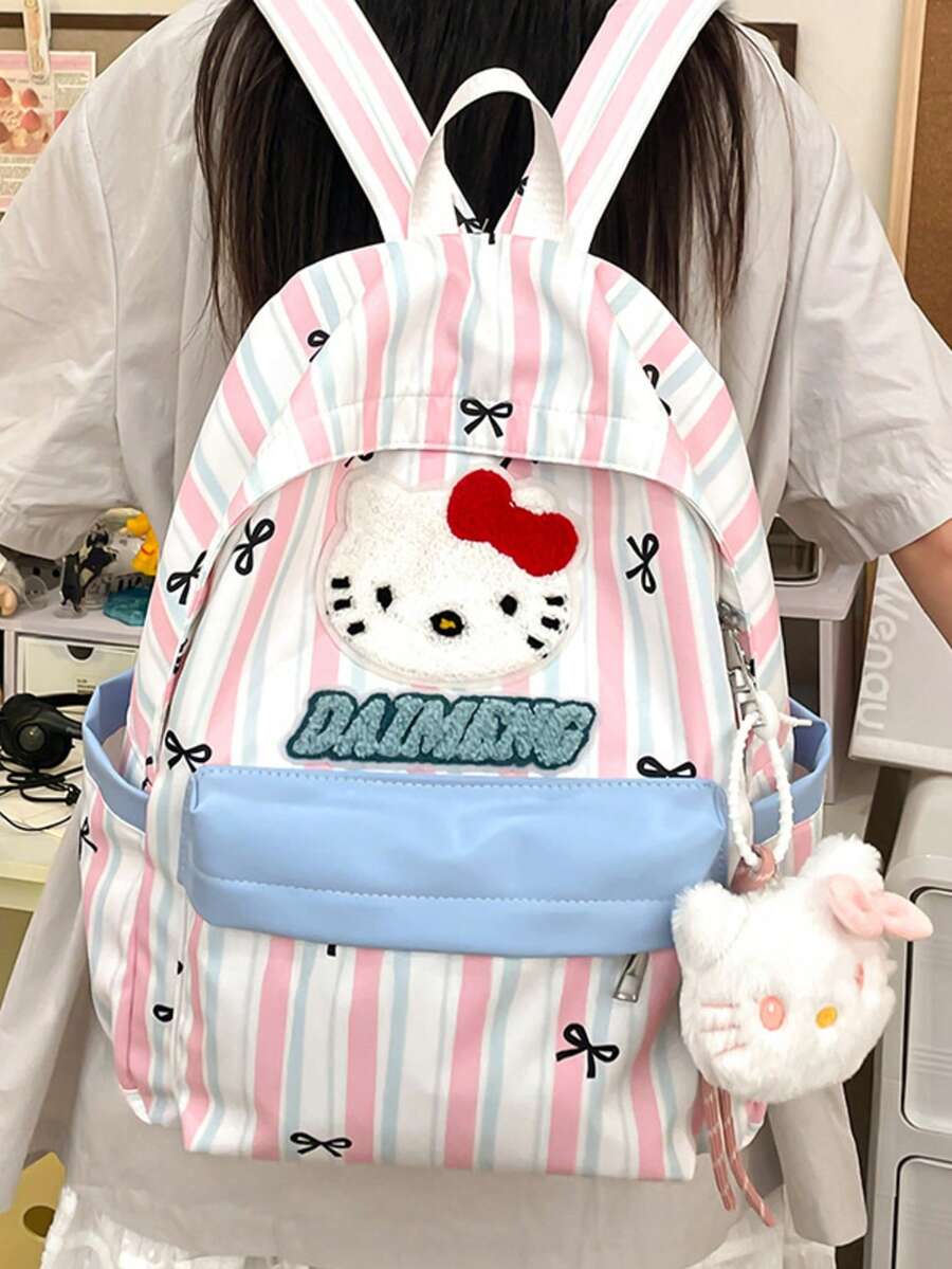 Sanrio Hello Kitty Towel Embroidery Backpack, Pink & White Striped Bow Print, Student School Bag, Large Capacity Lightweight Nylon Backpack For Daily Commute And Travel - Multicolor - View 1