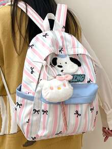 Sanrio Hello Kitty Towel Embroidery Backpack, Pink & White Striped Bow Print, Student School Bag, Large Capacity Lightweight Nylon Backpack For Daily Commute And Travel - Multicolor - View 5