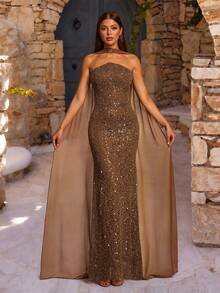 VIPGIRL Elegante vestido de noche de lentejuelas marrones - Silueta entallada sin tirantes y capa superpuesta de gasa transparente | Ideal para eventos formales de alta gama y ocasiones especiales como bodas y fiestas de primavera - Mostaza Amarilla - Ver 2