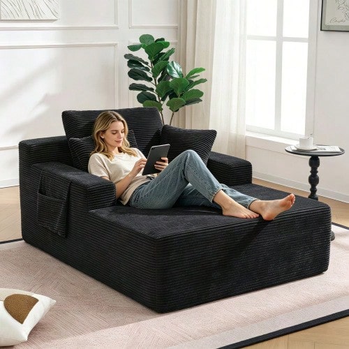 A Comfortable Corduroy Sofa – No Self-Assembly Required, With A Soft Back. - 黑色 - 查看 1
