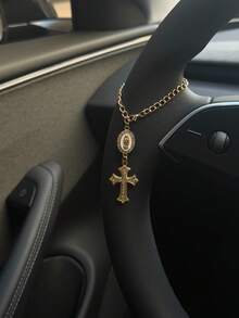 Vintage Rhinestone Virgin Mary Cross Car Hanging Ornament, Luxury Gold Chain Rearview Mirror Pendant, Unique Niche Car Interior Decor - A - View 3