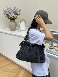 Bolso Tote de Mezclilla Lavada para Mujer con Ribete Trenzado, Remaches Metálicos, Correa Cruzada Desmontable, Gran Capacidad, Vintage Casual para Escuela, Uso Diario, Compras y Viajes - Negro - Ver 4