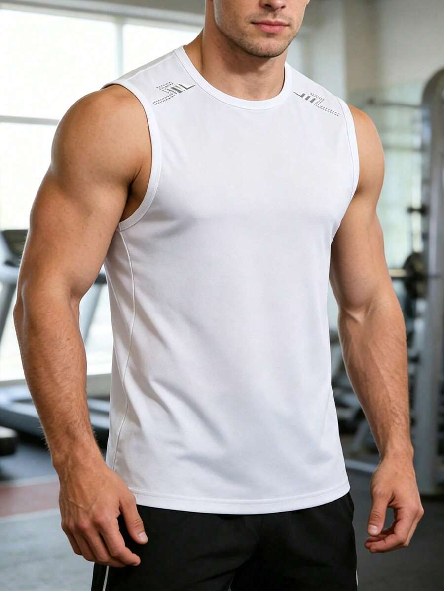 男士運動背心閃電印花跑步健身無袖T恤夏季上衣白色 - 白色 - 查看 1
