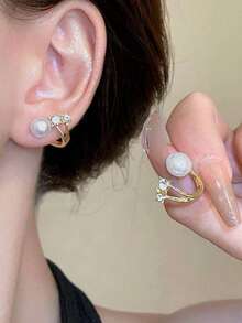 1pc/Set Mermaid Pearl Stud Earrings, Minimalist Fashion Set, Front And Back Wear, Suitable For Daily Wear, Simple And Stylish - Gold - View 9