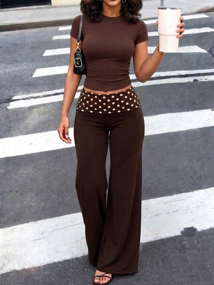 Women's Casual Solid Color High Waist Pleated Flare Pants, Slimming Leggings - Polka Dot Brown - View 3