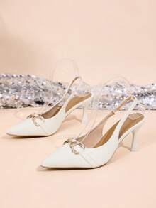 White Patent Leather Pointed Toe Slingback High Heels, Elegant Metal Buckle Stiletto Pumps For Women, Summer Formal Date, Wedding And Vacation Occasions - White - View 7