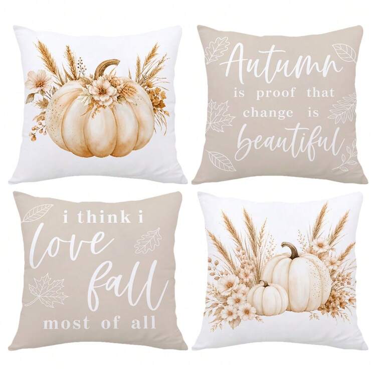 MEMNUN 4pcs Cream Pumpkin Pampas Grass Dried Flower Wheat Maple Leaf Print Pattern Pillow Covers [Pillow Insert Not Included], 40*40cm/45*45cm/50*50cm, [Single-Sided Printing] Made Of Polyester Material Autumn Fall Handwritten Text Cushion Covers Fall Decor, Room Decor, Home Decor, Bedroom Decor, Room Decoration Stuff For Sofa, Bed, Living Room, Bedroom, Car, Office, Hotel Decoration Throw Pillow Covers All Seasons Universal Perfect Gift For Family And Friends - Multicolor - View 4