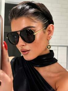 1 Pair Vintage Aviator Fashion Glasses, Suitable For Outdoor Travel And Personalized Photography, Applicable For Parties, Business Casual, Beach Vacation, Back To School, Collegiate Style And Campus Style, Also Can Be Used As Seasonal Outfit Accessory - black gray - View 3