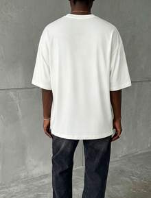 女款白色寬鬆版型 T-shirt，對比縫線，短袖圓領針織上衣，休閒街頭風 - 白色 - 查看 5