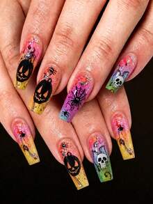 24片亮面中長款棺材形假指甲 虹彩粉紫黃漸層亮片底色 手繪南瓜燈籠、南瓜、骷髏、蜘蛛網、貓尾恐怖設計 可重複使用 穿戴式指甲 適用萬聖節 Cosplay、電音派對、角色扮演、節日派對 - 彩色 - 查看 7
