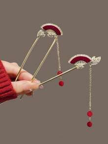 2pcs Burgundy Velvet Fan Rhinestone Tassel Hair Stick, Elegant Chinese Style Hair Jewelry For Wedding Party Daily Vacation - Multicolor - View 2