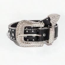 1 pieza Cinturón de hombre estilo punk rock Y2K de mezclilla plateada con remaches de estrella e incrustaciones de strass, accesorio versátil para jeans, adecuado para uso diario - Negro - Ver 9