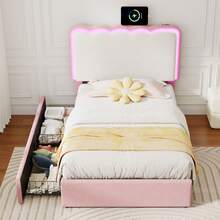 Flieks 3ft Single Upholstered Bed Frame With Adjustable LED Wavy Headboard, 2 Storage Drawers, Pink & Cream White - Pink - View 3