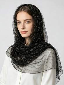 1pc Solid Color Casual Polyester Gold Thread Wavy Sequin Mesh Headscarf Women Lightweight Sheer Long Scarf For Banquet Party Decoration Headwrap Shawl - Red - View 3