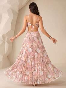 [Patrón Floral de Corte Aleatorio]Vestido de Noche Elegante con Estampado Digital de Acuarela, Sin Mangas, con Cordones en la Espalda, Plisado de Gasa y Vuelo Elegante - Rosa - Ver 4