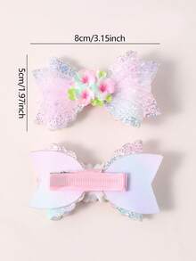 2pcs Glitter Tulle Hair Bows For Girls 3D Colorful Flower Decor Ribbon Alligator Clip Sweet Princess Daily Hair Clips Teens Hair Accessories - Multicolor - View 6