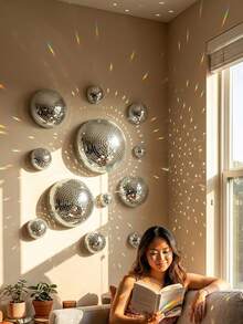 Disco Ball Wall Decor, Hemispherical Reflective Mirror Wall Art, Self-Adhesive Silver Mirror Disco Ball Set, Living Room Balcony Sunlight Refraction Decoration, Shiny Personalized Party Decor, Suitable For Home Bedroom Birthday, Silver - Multiple Styles - View 4