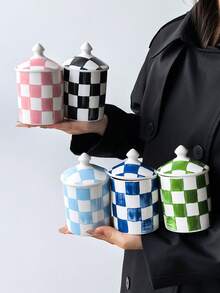 1pc Hand-Painted Checkered Ceramic Storage Jar With Lid, Multi-Color Grid Airtight Container For Kitchen Coffee, Sugar, Tea Storage, Bathroom Vanity Decor - Multicolor - View 1