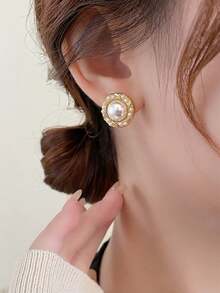 3 pares de pendientes de botón de flor con pétalos de perla sintética, estilo minimalista, elegante, nicho de alta gama, dulce, versátil y fresco, conjunto de pendientes para mujeres, adecuado para uso diario y festivo - Multicolor - Ver 3