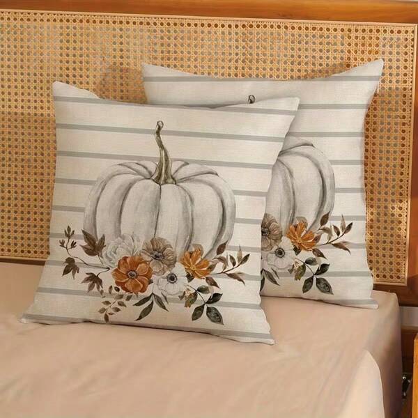 2PCS Gray Striped White Pumpkin Pillowcase, Watercolor Autumn Flowers And Maple Leaf Print Square Pillowcase, Neutral Country-Style Thanksgiving Sofa Home Decor, Single-Sided, Pillow Insert Not Included