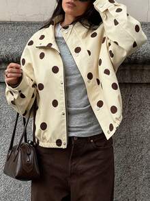 Spring/Autumn Yellow-Brown Polka Dot Short Jacket, Elegant Casual Style, Loose Fit, Button Closure, Versatile Outerwear - Multicolor - View 5