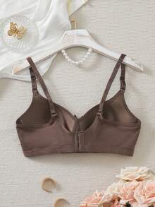 1pc Women's Comfortable Wireless Soft Cup Solid Color Cotton Sleep Bra - Coffee Brown - View 8