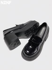 NZNF Women's Solid Color Academy Style PU Shoes With Buckle Strap, Thick Sole And Chunky Heel, Daily Commute Shoes - Black - View 4
