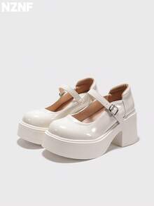 NZNF Women's Solid Color Academy Style PU Shoes With Buckle Strap, Thick Sole And Chunky Heel, Daily Commute Shoes - White - View 3
