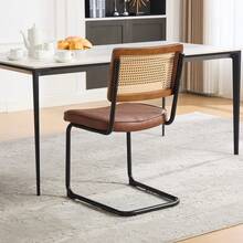 Retro-Style Rattan Dining Chairs Set (2 Pieces) / Rattan Backrest Dining Chair / PU Seat Cushion / With Black Metal Frame / Suitable For Kitchen, Living Room And Bedroom - Brown - View 5