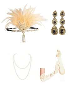 1920年代 Flapper 風格服飾配件套裝，適用婚禮派對活動，含 20s Flapper 頭帶、復古珍珠項鍊、手套，復古風 - 彩色 - 查看 51