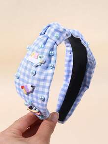 1pc Back To School Knotted Headbands,Gingham Stripe Apple Pencil Pearl Decor Hair Band ,Teen Hair Accessories For First Day Of School,School Supplies - Multicolor - View 8