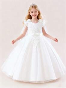 Girls Flower Girl Wedding Princess Dress, White Floral Applique Cap Sleeve Casual Dress, Bowknot Tulle Puff Skirt, Lace Splice Formal Dress For Special Occasions, Children Birthday Party, Performance, Princess Party, Long Evening Gown - 白色 - 查看 13
