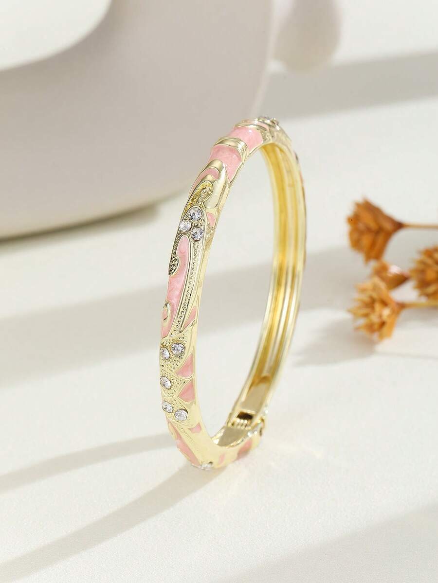 1pc Fashion New Gold-Plated Exquisite Rhinestone Swirl Enamel Filigree Hinged Open Bangle Bracelet, Jewelry Gift For Girls And Women - Pink - View 1