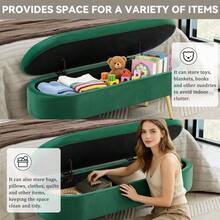 Multifunctional Storage Bench, Soft Chenille Fabric, Wooden Legs, Solid Wood Frame, 20L Storage Space, 110x40x42cm, For Bedroom, Living Room, Shoe Bench, Hallway - 墨綠色 - 查看 4
