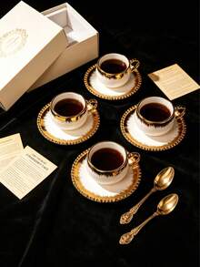 6 Sets / 1 Set 90ml (Approx. 3oz) French Luxury Pearl Edge Gold Brushed Cup And Saucer Set, With Gold Rim Matching Base, Minimalist Aesthetic Drinkware Suitable For Home Cafe Use, Italian Espresso Cup For Afternoon Tea, Mother's Day Gift, Graduation Gift, Summer Kitchen Essential, Birthday Decoration, Kitchen - Multicolor - View 5