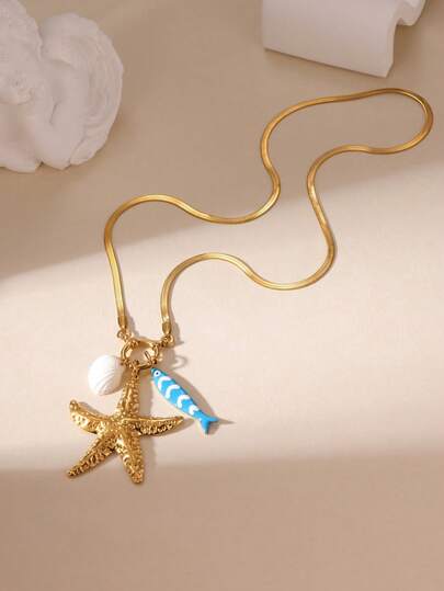 1pc Fashion Ocean Series Pendant Necklace, 18K Gold Plated Stainless Steel Starfish Shell Multi- Necklace, Unisex, Suitable For Daily Wear