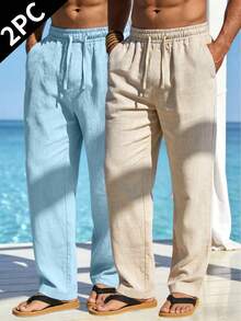 Men's Spring/Summer Thin Casual Long Pants, Simple Solid Color Pocket Drawstring Trousers, Comfortable Loose Linen Long Pants 2 Pieces - Light Wash - View 2