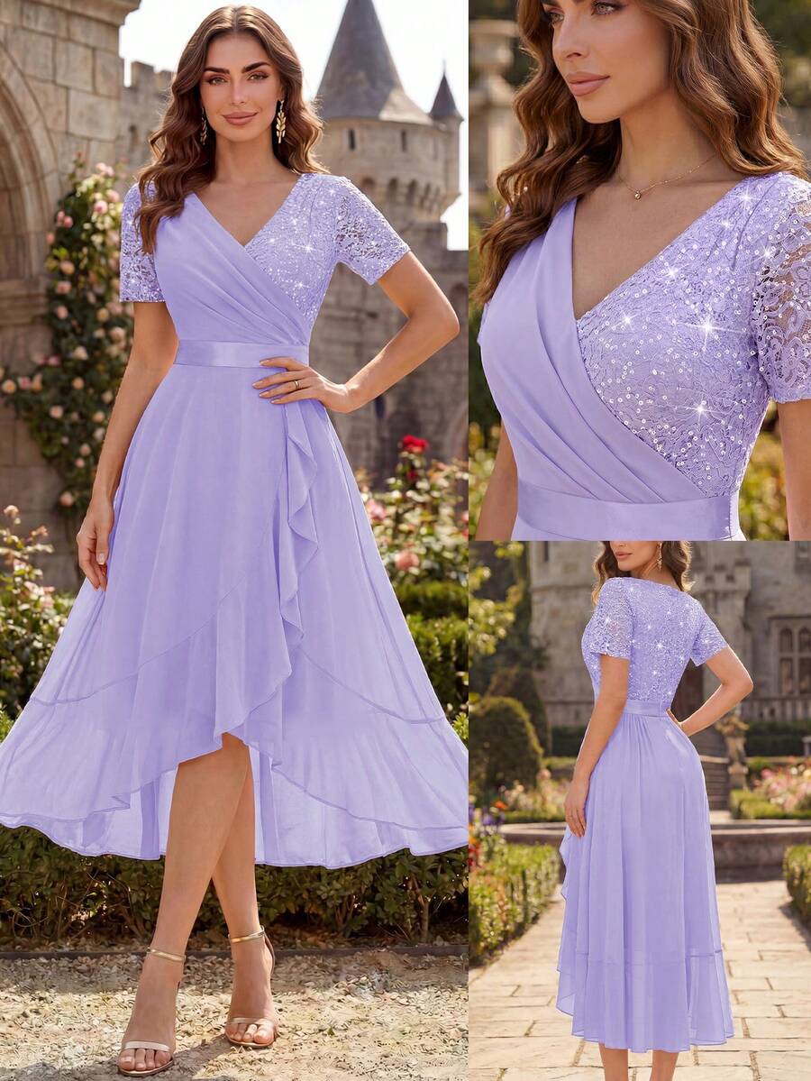MIUSOL Rok Panjang Elegan Model Ball Party dengan Leher V, Hiasan Payet, Renda, Patchwork, dan Bahan Chiffon, Cocok untuk Tamu Pernikahan, Makan Malam, dan Acara Musim Panas.