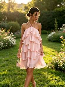 QIANZHIDU Spring/Summer Light Pink Solid Color Halter Neck Ring Tie Multi-Layer Ruffle Waist-Cinching Asymmetrical A-Line Dress, Suitable For Birthday Party, Beach Vacation, Street Outing, Date Afternoon Tea - Pink - View 7
