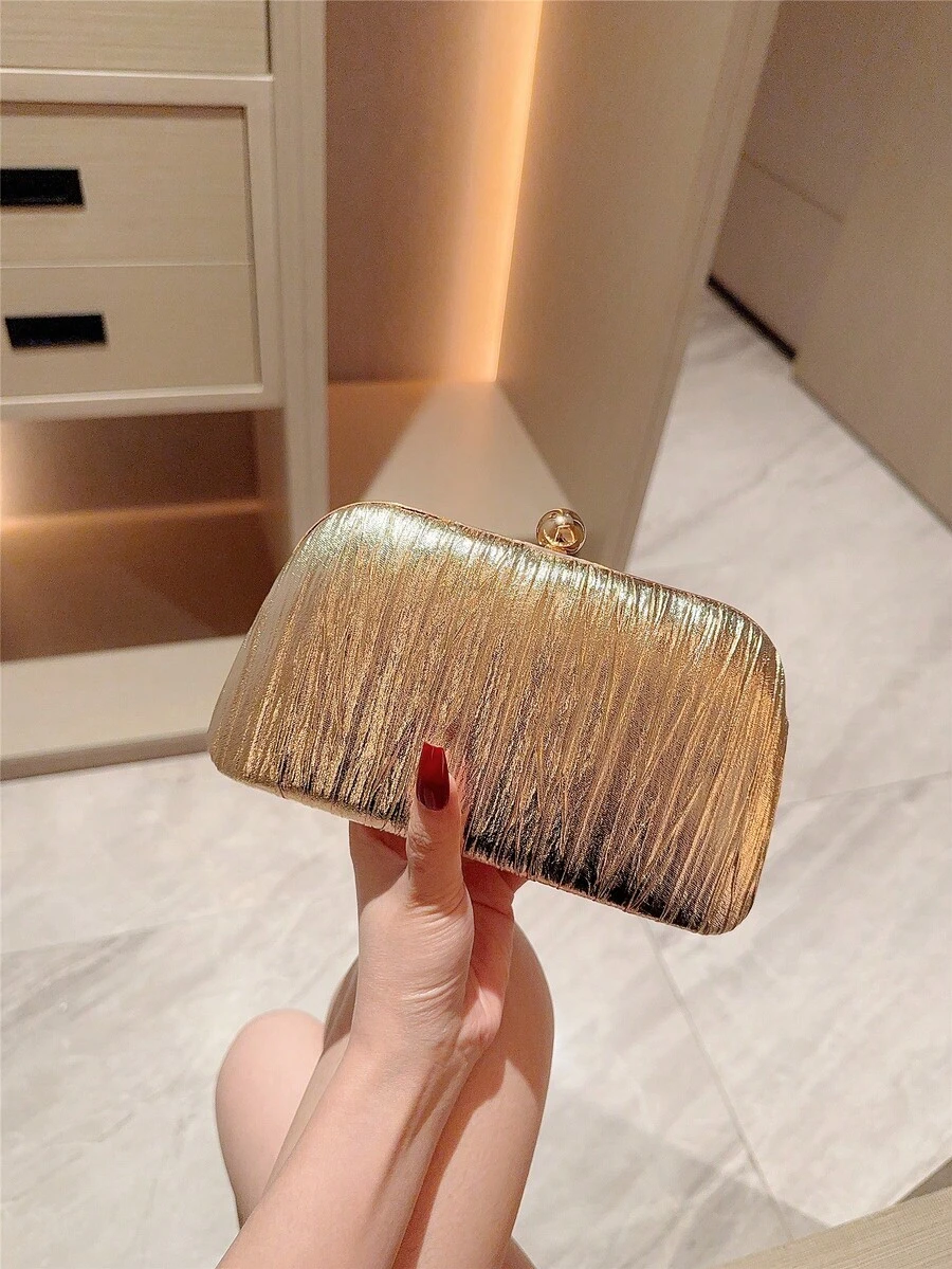 Moonlit Eve Bag 1個金色百褶迷你方盒手拿包，高端金屬雙珍珠鈕扣設計，優雅方盒晚宴包，適合派對女孩、新娘、大學生、職場新人與白領女性，適用於派對、舞會、婚禮，完美搭配舞會配件，附金屬鍊條