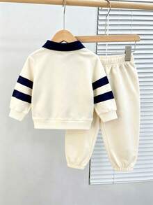 2pcs Autumn Baby Boy Newborn Color Block Striped Long Sleeve Sweatshirt & Pants Set, Apricot Half-Button Front Top, Slightly Elastic, Suitable For Daily Wear, Great Gift - Apricot - View 4