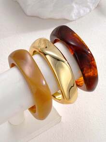 3pcs/Set Fashionable Minimalist Elegant Exquisite Vintage Design Geometric Ribbon Colorful Resin Asymmetrical Marbled Pattern CCB Metal Style Exaggerated Wide Chunky Bracelets Set, Holiday Vacation Party Date Gift, Daily Commute Wear, Personalized - Multicolor - View 3