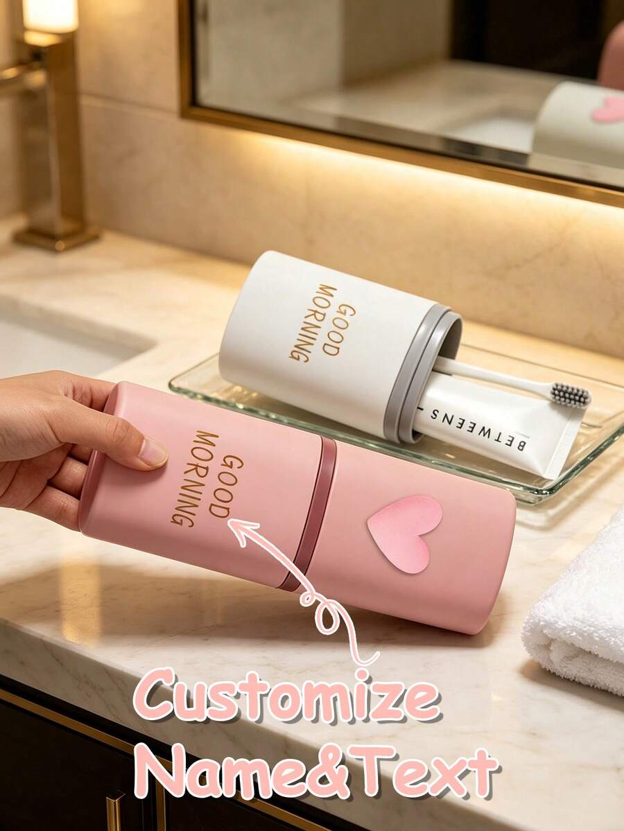 Customizable Name Text 3D Heart Travel Toothbrush And Toothpaste Storage Box, Pink 3D Heart Print Portable Toothbrush Storage Tube, Compact All-In-One Dust-Proof Cup With Lid, Suitable For Commuters, Students, Couples, Business Travelers, Short-Trip Travelers And Gift Customization Buyers, Short-Term Business Trips, Outdoor Travel, Campus Dorm Life, Hotel Stays, Home Use For Toothbrush And Toothpaste Storage, Compact Size Takes Up Little Luggage Space