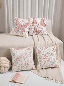shangxia 4PCS- Bean Paste Pink Gentle Butterfly Branch & Leaf Print Pillowcase, Low Saturation Soft Pink Floral Leaf Heart Pattern Cushion Cover, Living Room French Cream Soft Decor Pillow- (Pillow Insert Not Included) - (Printed) - (No Embroidery) - Multicolor - View 10