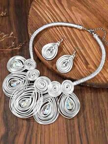 2Pcs Handmade Boho Crystal Jewelry Set, Silver Wire Wrapped Teardrop Necklace & Drop Earrings For Women, Daily Holiday Accessory - Silver - View 5