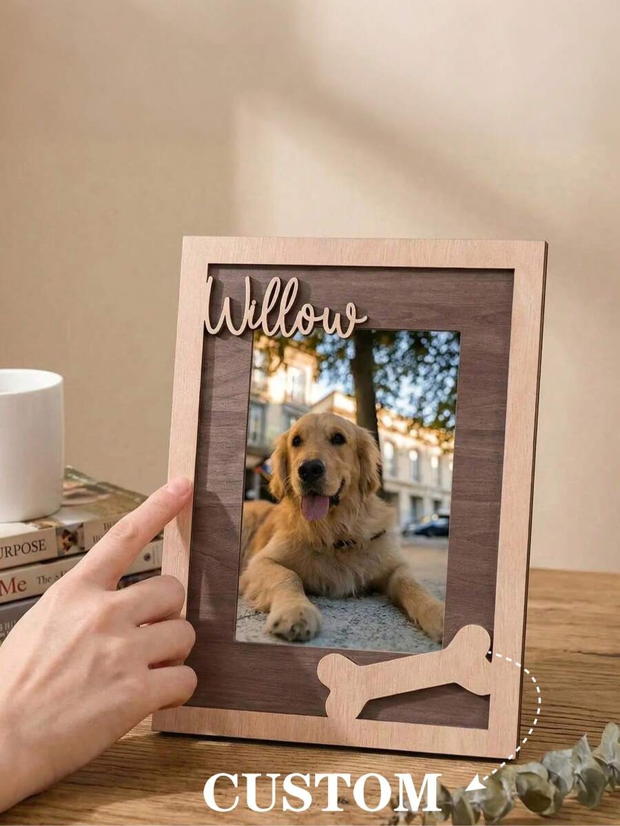Custom Willow Pet Photo Frame | Wooden Laser Cut Decoration | Dual-Color Dog Bone And Name Photo Frame | Personalized Home Decor, Suitable For Living Room And Desktop | Holiday Decoration | Warm Customized Artwork For Pet Lovers - Multicolor - View 1